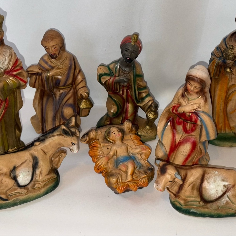 Vintage Chalk-ware Hand-Painted Nativity Scene Figurines Set of 8